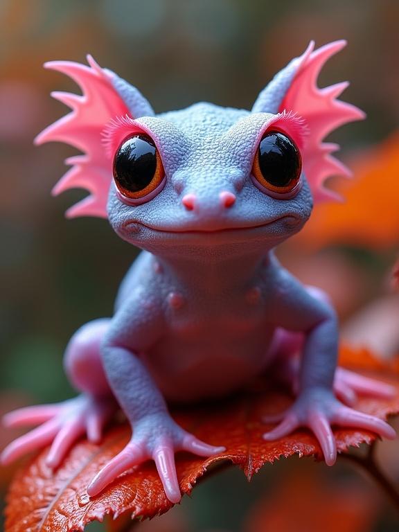 Vividly colored amphibian-like creature with frilly pink appendages sitting on bright red leaves in a dreamy forest background. The creature has a purple-gray body with large shiny eyes and spiky features.