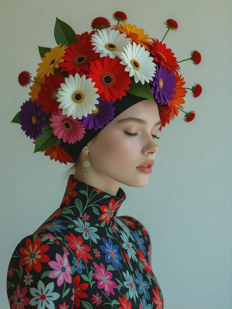 Photo model gazes downwards wearing an elaborate floral headpiece. Model wears a vibrant floral patterned dress. Background is minimalistic and neutral. The composition emphasizes creativity in fashion. Overall visual merges art and fashion elements. Displaying interactive and unconventional material use in design. Surreal representation of self-expression through attire.