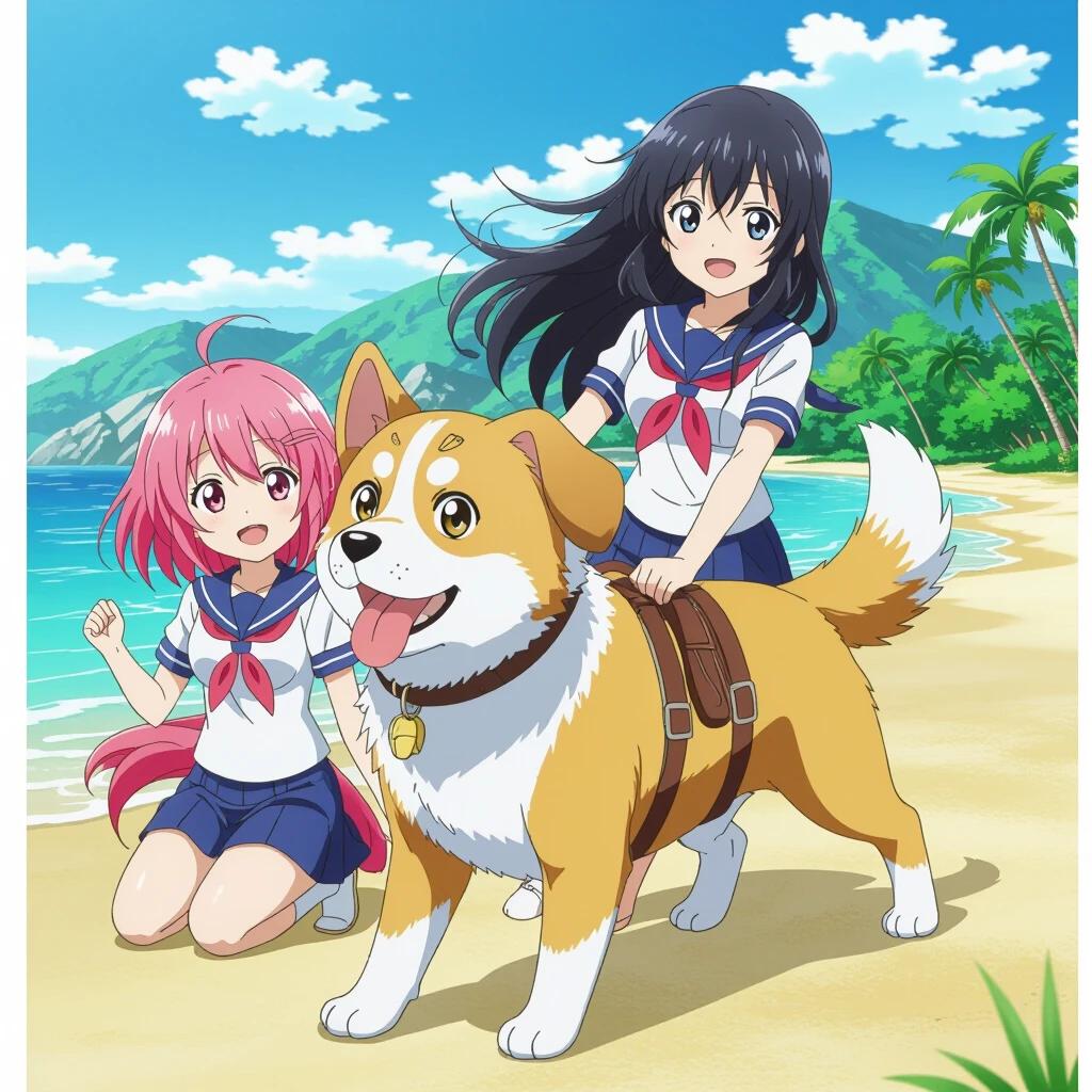 Anime style illustration featuring a dog with two girls on a beach. Bright colors show a joyful beach day. Girls wear school uniforms and are interacting with a cheerful, yellow dog. Beach setting with palm trees and ocean in the background.