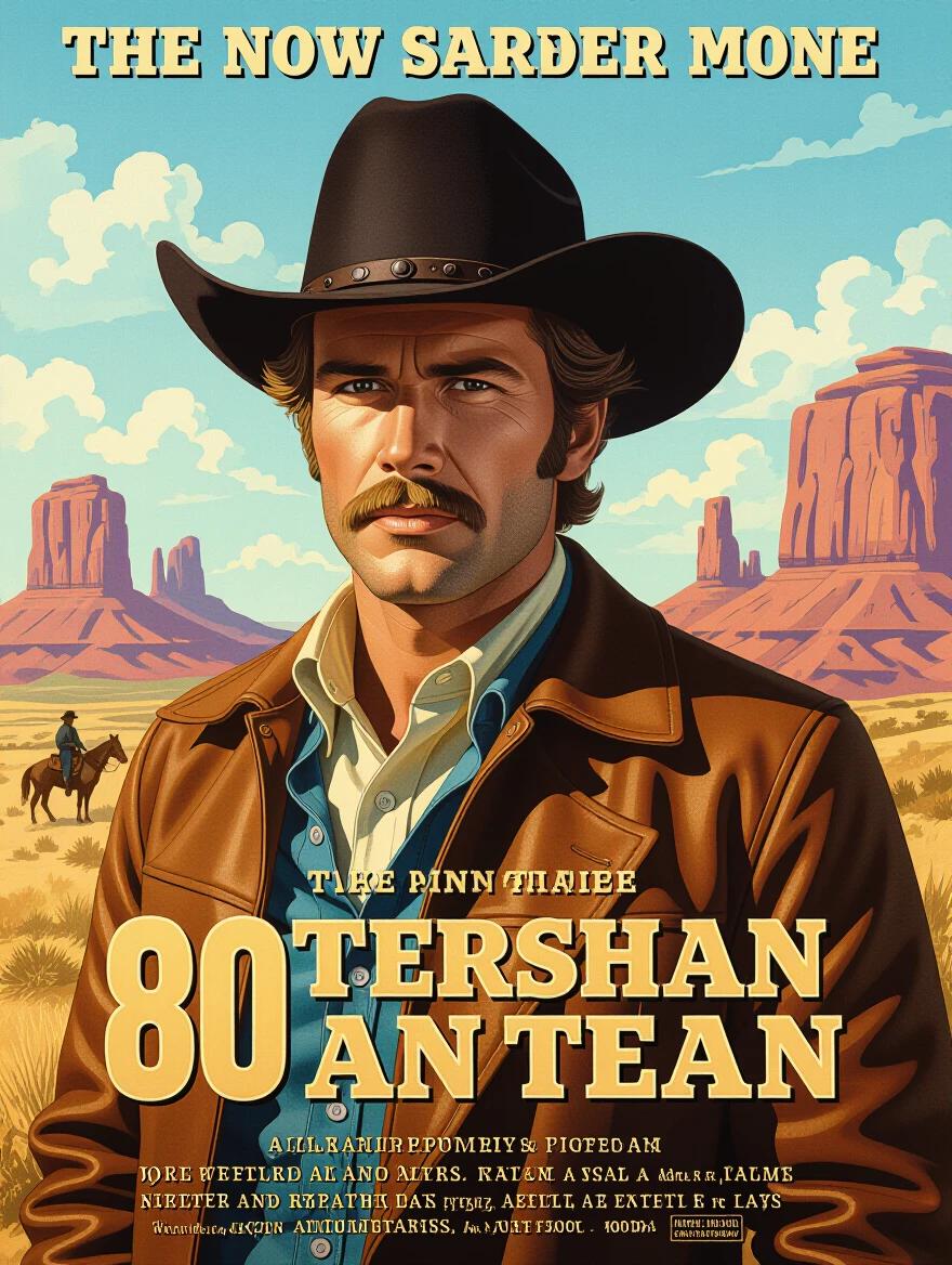 Western themed movie poster from the 1980s. Depicts a cowboy in a desert setting. Colorful and vintage style. Includes stylized text and illustrations. Highlights elements of film and adventure.