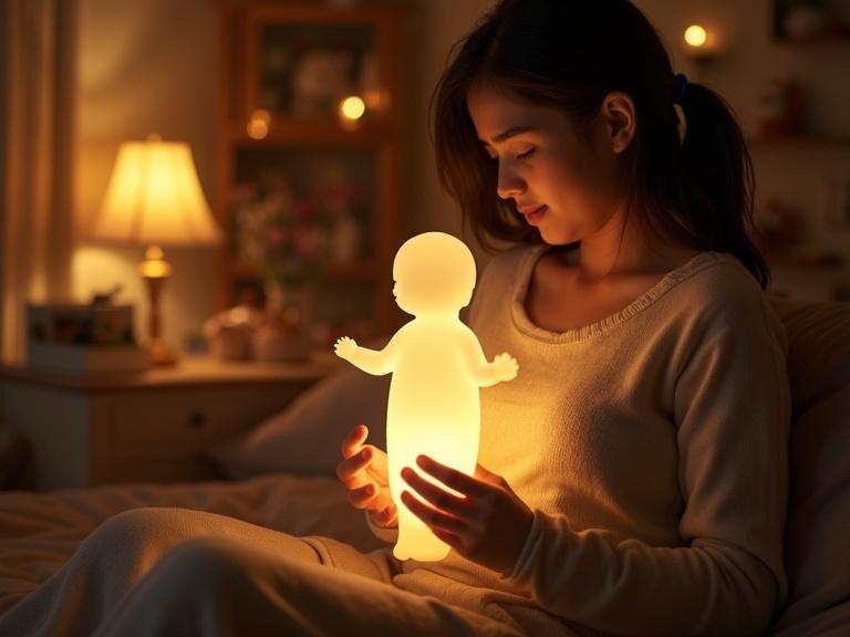 Cozy scene with adult holding glowing child-figure. Softly lit room filled with childhood mementos. Warm and gentle atmosphere symbolizes healing and self-acceptance.