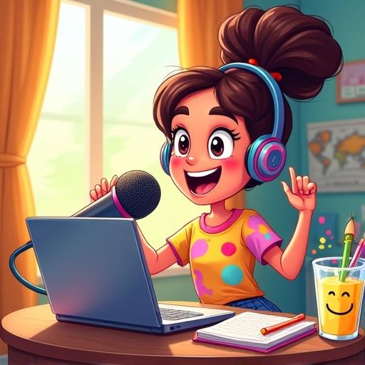 A vibrant cartoon-style bedroom scene featuring a cheerful teenage girl recording a podcast. She has big eyes and a high double ponytail. She wears a colorful T-shirt and jeans with an excited smile. She speaks into a large microphone. One hand gestures energetically. Her laptop shows a cartoonish audio waveform. A pair of oversized headphones hangs nearby. The desk holds a doodle-filled notebook, colorful pencils, and a glass of iced lemonade with a smiley face. The background features a colorful wall with star stickers and a world map. Morning sunlight streams through curtains with cloud patterns casting a warm glow.