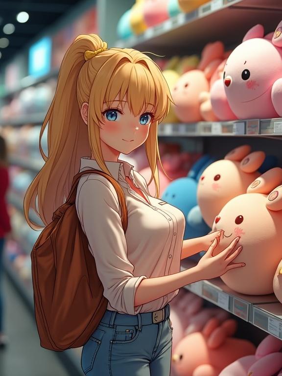 A beautiful blonde woman buys an anime plush toy at an anime convention. She has long hair and is wearing a casual outfit. Shelves of plush toys surround her. Bright indoor atmosphere