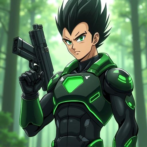 Anime character in a futuristic setting. Age is 19 years. Character is handsome with spiky black hair and cyber green eyes. Designed in emerald green and black bodysuit of Black Hole Society. Guarding a paramilitary forest base. Holds a gun. Portrayed in a lush forest during summer morning.