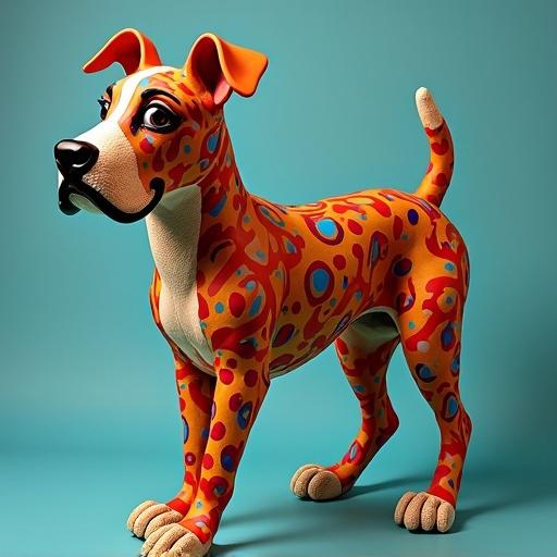 Boxer dog styled as an alebrije . The figure is bright orange with colorful spots and a playful expression. The character features exaggerated proportions and playful detailing. The background is a solid blue color.