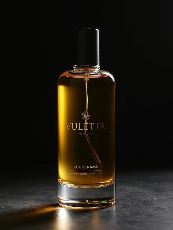 A bottle of Vuletta Nocturno Pour Homme perfume. It has a clean, modern design with an amber liquid that glows softly. The label displays the name Vuletta in a prominent style. Below it, in smaller font, Pour Homme is written. At the bottom, the word Parfum is embossed in gold foil. The setting is dark to enhance the bottle's elegance and evoke a sense of introspection.