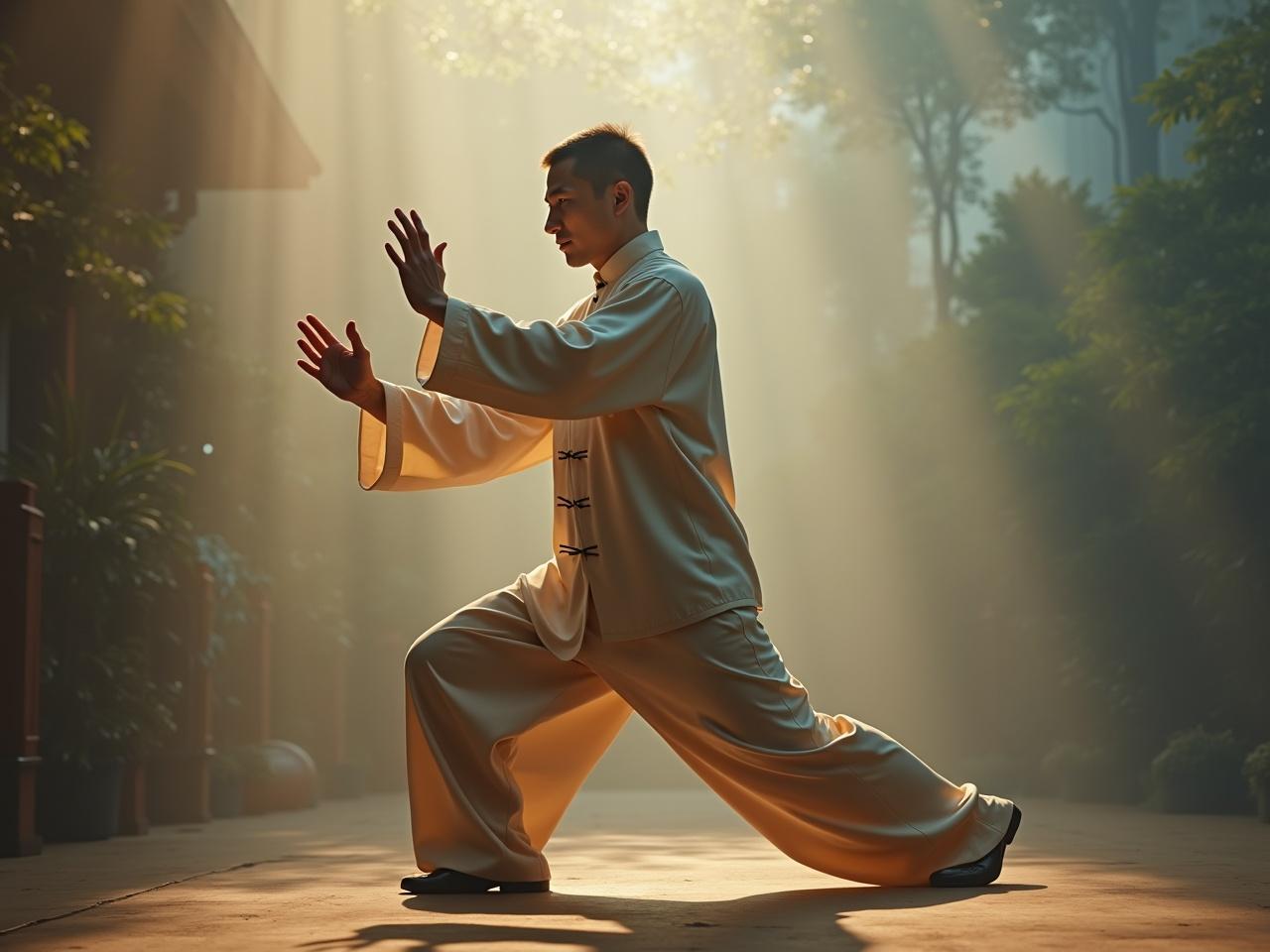 Aerial cinematic image depicting a stressed office worker practicing Tai Chi Chuan. The scene captures the individual in various poses, showcasing the fluidity and grace of the movements. Emphasis is placed on the mental and emotional benefits of Tai Chi, illustrating how it helps the worker find calm and inner peace. The setting is serene, with soft lighting that adds to the tranquil atmosphere. Shot on Arriflex, the image highlights the hyper-realistic details of the practice.