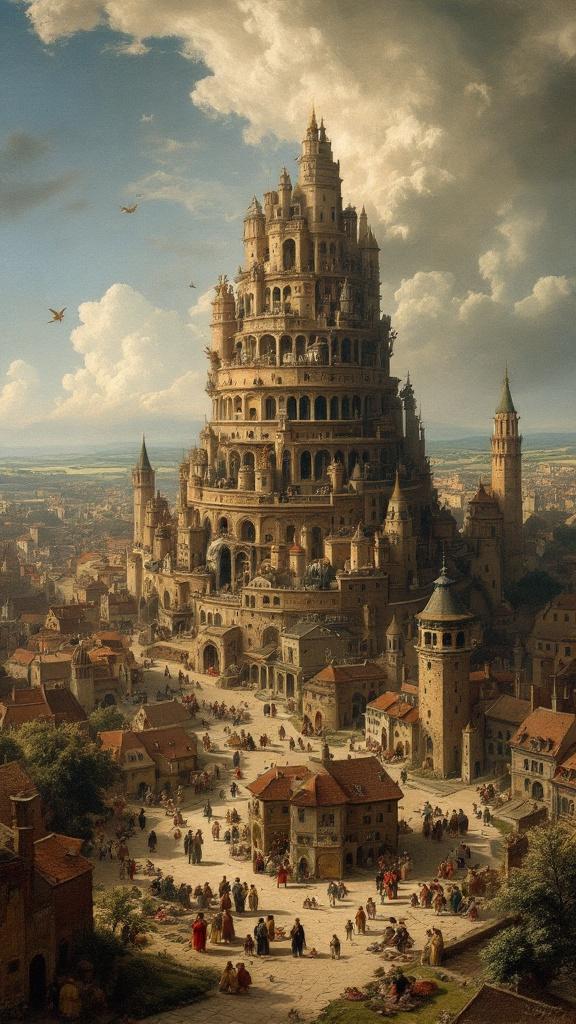 Create a detailed scene of the Tower of Babel similar to Pieter Bruegel the Elder's painting. Showcase a bustling city surrounding the tower. Retain hyperrealistic details and surrealistic elements.