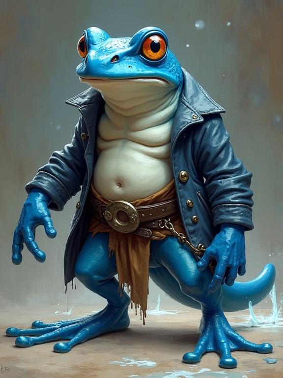 A humanoid blue frog with a white stomach. The frog is lean and in a dynamic pose. It is dressed in pirate clothing which includes a flowing leather jacket and a belt. The character resembles a frogadier Pokémon and has features of a sorcerer with a staff and water magic. The frog has a very long tongue and is two-toned. The illustration has a fantasy theme and a semi-realistic style reminiscent of Jason Chan.