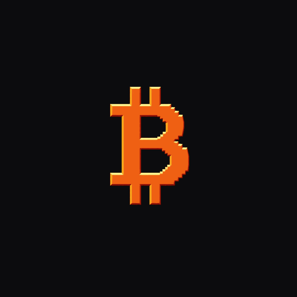 A pixelated orange Bitcoin symbol is centered on a black background, giving a retro digital aesthetic.