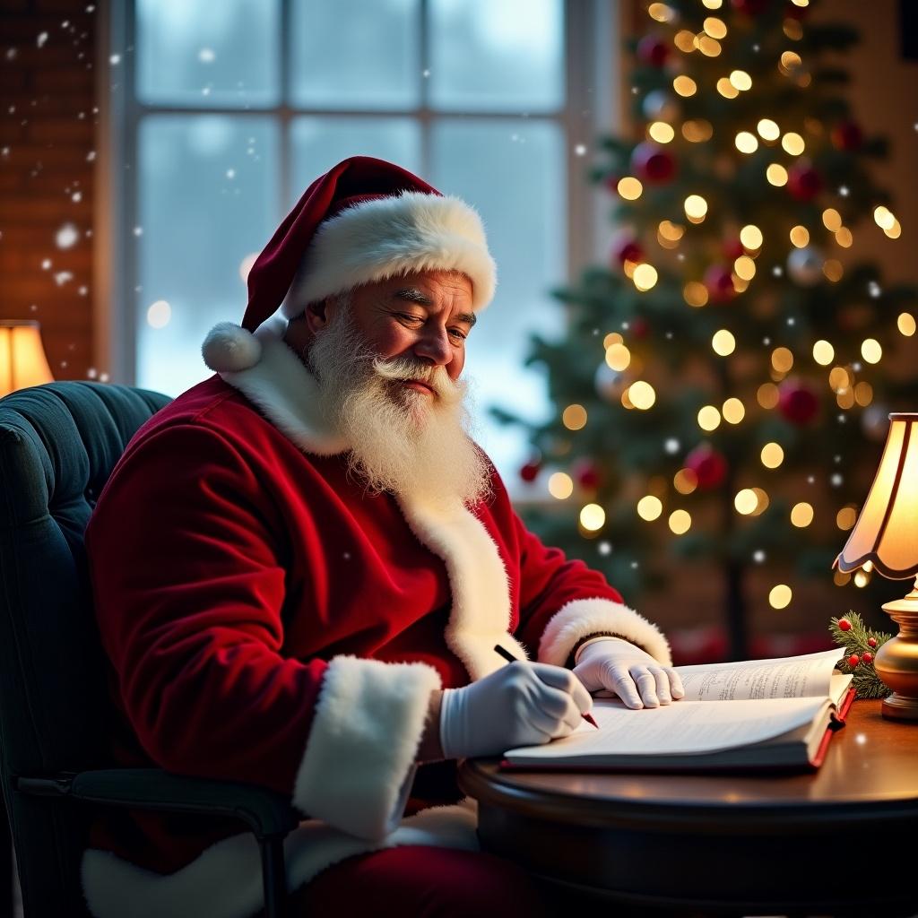 Father Christmas is sat in a cozy room at the North Pole, dressed in his iconic red suit with white fur trim and a matching hat. The atmosphere is warm and festive, highlighted by twinkling holiday lights in the background. Snow is gently falling outside the window, adding to the magical setting. He is focused on writing names in a large book, with his eyes twinkling with joy. The room is softly lit, creating a comforting and inviting ambiance, perfect for the holiday season.