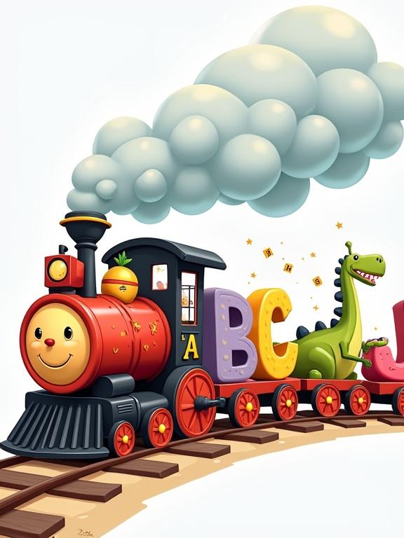Cartoon illustration of a friendly steam train. Train pulls ten letter carriages A to J. Smiling locomotive with puffy smoke. Each carriage has unique theme. A is apple-shaped with a worm. B is banana with a monkey. C is cloud raining letters. D is a dinosaur. E is elephant spraying water. F is fishbowl with swimming letters. G is giant pencil. H is honeycomb hive. I is ice cream cone. J is juggling jack-in-the-box.