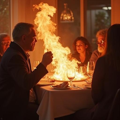 A dramatic scene at a restaurant where flames burst from the table. Diners respond with shock and concern. The atmosphere suggests elegance contrasting with chaos.