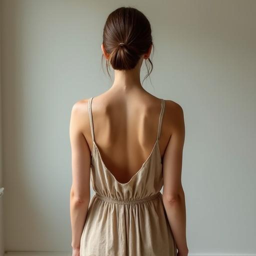 Full-body back view of a beautiful woman standing gracefully. Slim silhouette with natural light brown hair tied back. Porcelain-like skin visible on the nape. Wearing a refined linen dress in earthy tones flowing to the ankles. Dress hugs the waist outlining curves. Soft light accentuates back and hips. Clean background with artistic atmosphere.