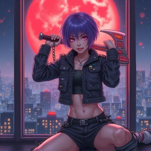 Young woman with short violet hair. Slim muscular body. Wearing a crop cargo jacket. Sport shorts with anime print. High platform sneakers with metal nose. Knee socks with cute pattern. Sinister smile. Gracefully stretching and flexing. Holding a fire-axe in both hands. In front of a wall-sized window. High floor view of a night city. Blood-red moon in the sky. Cinematic light.