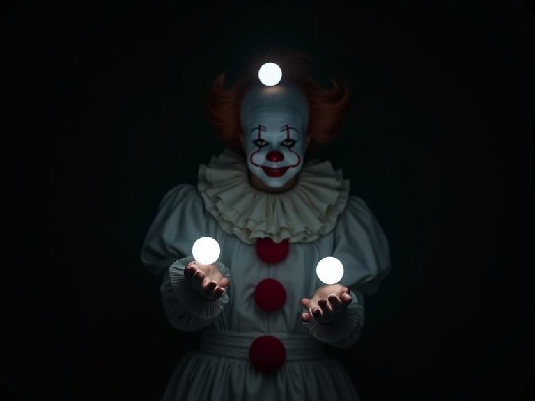 Clown juggling glowing light balls in total darkness. Parts of clown's face, hands, and outfit revealed by moving orbs. Background pitch black. Slow dramatic motion with light trails. Cinematic lighting with eerie ambiance.