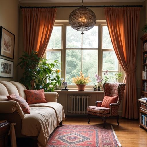A cozy living room with a large window. Soft furniture like a beige couch and patterned armchair. Green plants by the window and flowers in a pot. Warm lighting with curtains drawn.