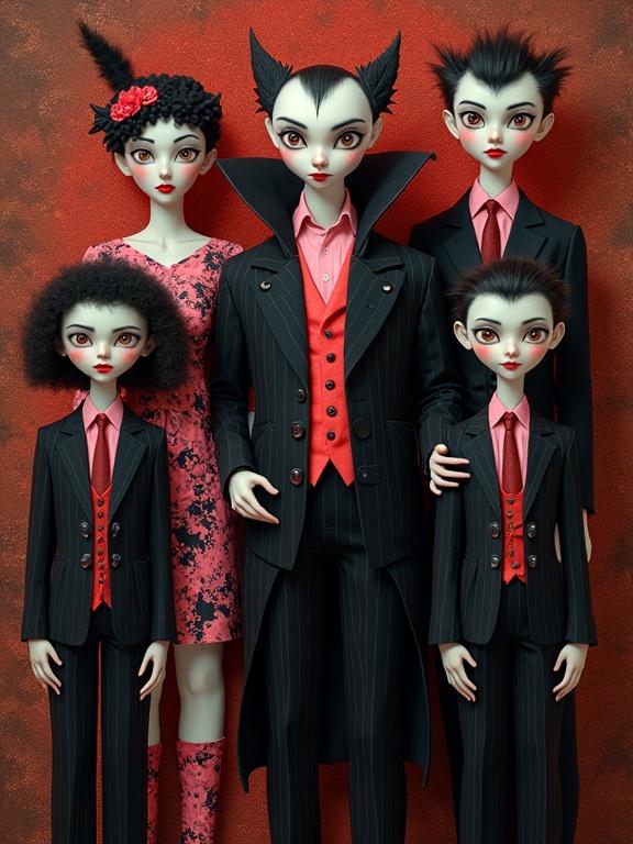 A surreal whimsical portrait of a vampire family. Dressed in eccentric attire with shades of pink and black. Featuring intricate patterns like pin-striped suits and paisley. Background in brown and red tones, inspired by lyrical abstraction. Hyperdetailed, influenced by Kandinsky and Studio Ghibli.