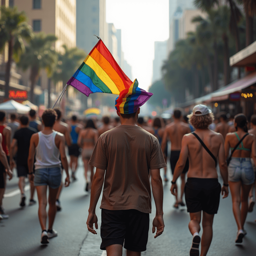 A man carrying a rainbow flag walks in a vibrant city pride parade.