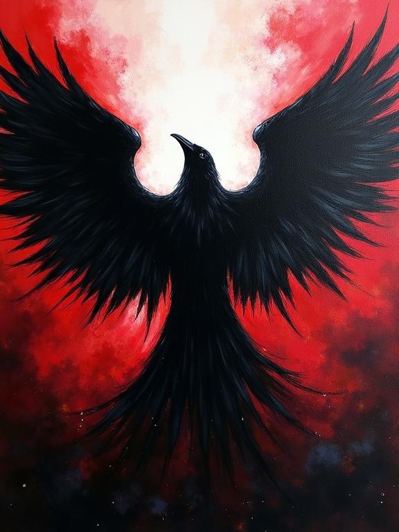 Majestic raven with wings spread amidst dark energy. Acrylic painting with abstract style. High resolution featuring intense black, red, and white colors. Dramatic light contrasts.