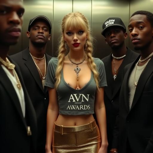 Scene inside a crowded elevator featuring a striking woman with bangs and long blonde pigtails. Group of black men surrounds her as she poses for selfies. She wears a tight black V-neck bodycon crop top with 'AVN Awards' printed, a gold miniskirt, and high heels. Bright lighting emphasizes the fashion and vibrant atmosphere.