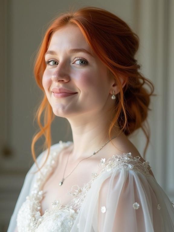 20 years old woman wearing a white wedding dress. She has red hair styled in loose waves. The setting is elegant and bright. The focus is on her joyful pose and the details of her gown.