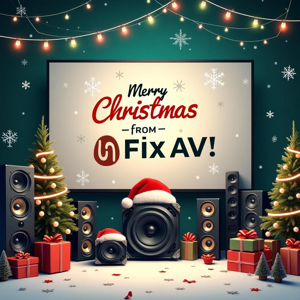 Merry Christmas message from Fix AV with audio equipment. Festive setup includes speakers and Christmas trees. Color scheme is red, green, gold, and white. Decorations such as snowflakes and gifts enhance holiday spirit. A warm and inviting atmosphere.