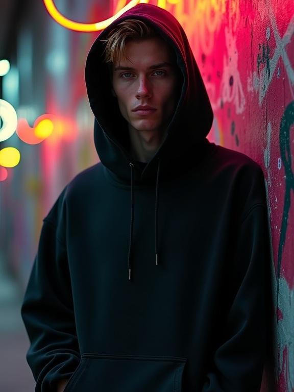 Virtual male model styled wearing black oversized hoodie against graffiti wall and neon lights. Bold, confident pose with a rebellious attitude. Dark cinematic tone with harsh shadows. Cyberpunk color palette. Minimalist composition in street culture context.