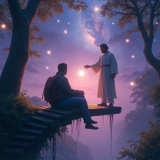 Surreal digital painting depicting a dreamlike forest merging with celestial skies. An ethereal figure resembling Jesus extends a glowing hand towards a modern young man with a fragmented form. The setting includes a floating wooden bench suspended between reality and dream. Trees appear to melt and orbs of light float around. A staircase spirals into the sky while a backpack morphs into a vine-covered book. The ambiance evokes mystery and spiritual awe with ambient bioluminescence illuminating the scene.