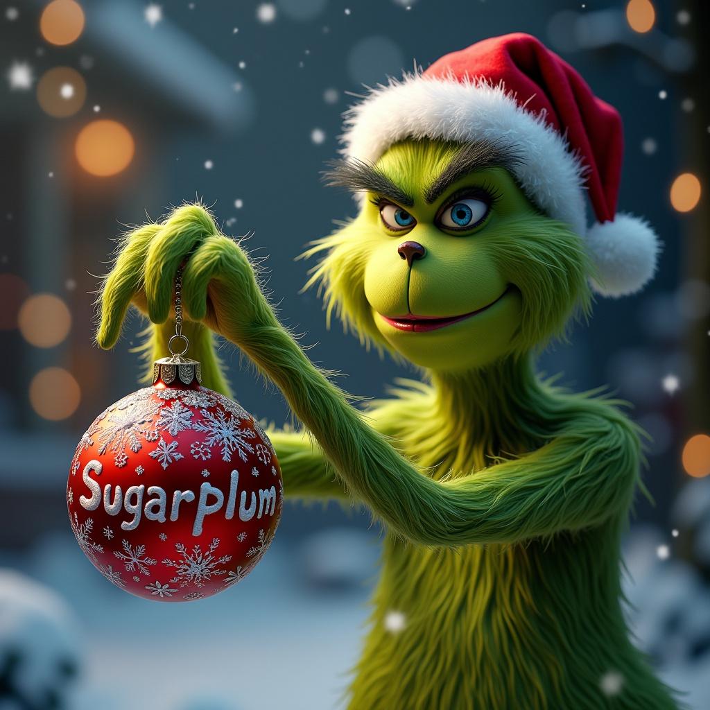 The Grinch holds a Christmas bauble featuring the name Sugarplum. Snowy background and Christmas lights create a festive atmosphere.