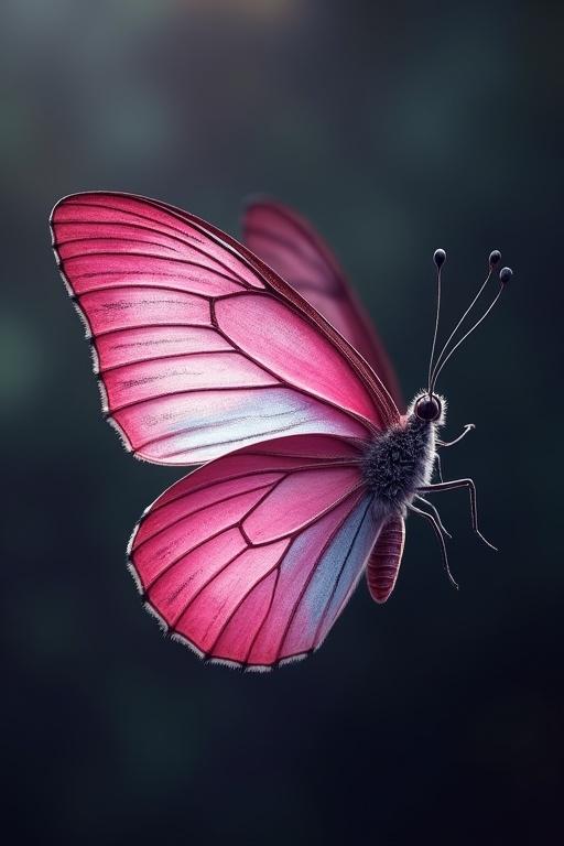 Dark pink and white butterfly flying in the air. The image captures the intricate details of the wings.