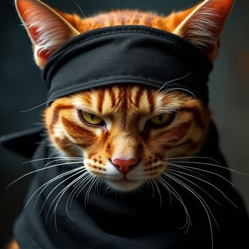 Close-up portrait of an angry ginger cat wearing a black ninja headband. Fur slightly ruffled with intense eyes and vertical pupils. Dramatic lighting with Rembrandt shadows. Background is dark and moody.