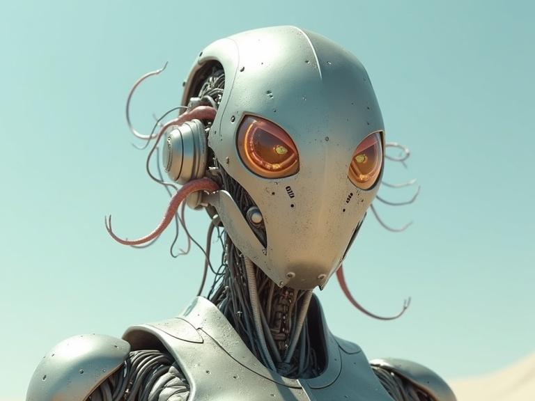 Cinematic live action image of a sleek, shiny humanoid robot with alien features. Metallic slender exoskeleton, six tentacles, glowing orange eyes. Set in a sunny desert landscape under a blue sky. Detailed metallic textures and realistic lighting. Emphasis on dusty environmental elements and a futuristic aesthetic.