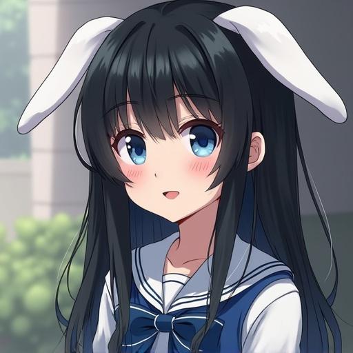 A character design of a girl with rabbit features. Character has black hair and blue eyes. Dressed in a school uniform. Background suggests a calm outdoor setting.