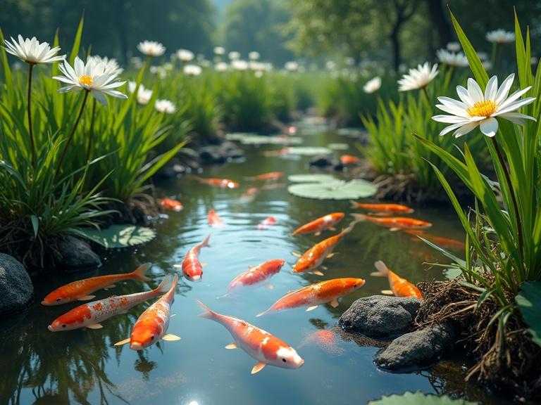 A serene lake with vibrant lotuses and water grass. Sunlight filters through leaves illuminating koi fish swimming gracefully among rocks and roots. Captured with Canon 64-megapixel camera. Sharp focus and subtle bokeh. Emphasizing natural beauty and tranquility.