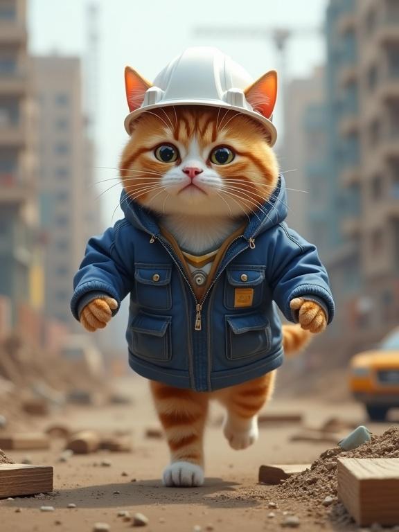 Realistic cat wearing a white helmet and blue work jacket stands on a construction site. Cat has a tired, surprised expression while running. The style is inspired by Genba Neko. It captures the whimsical nature of a hardworking cat in a busy environment.