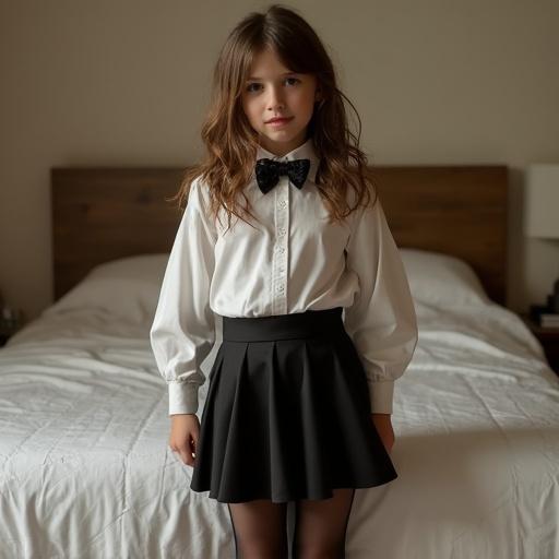 Seven year old girl in formal blouse and miniskirt wearing pantyhose. Brown hair, standing next to a bed.