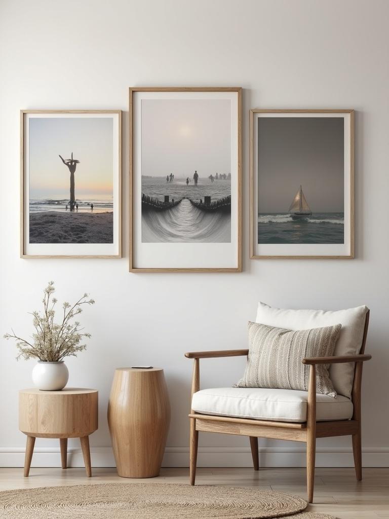 A wall features three framed photos. The first photo shows a sculpture near the beach. The second is a black and white photo of people walking along the shore. The third is an image of a sailboat on the water. A stylish chair and a plant are in the room.