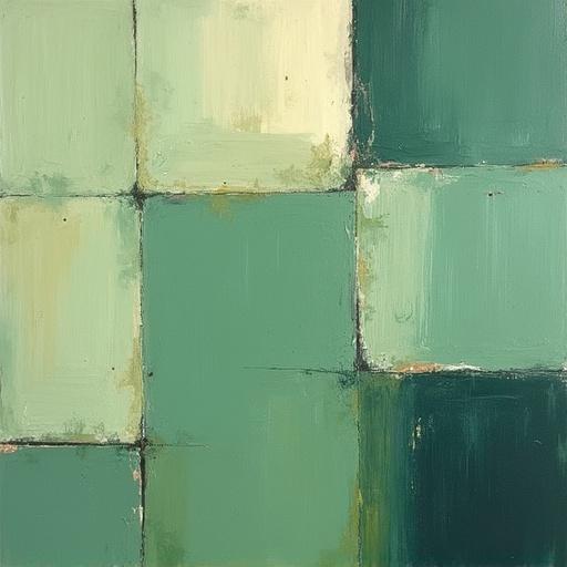 Mid-century modern sage green abstract art. Oil painting features geometric patterns. Colors blend harmoniously. Ideal for modern home decor and interior design ideas.