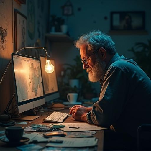 A 60 years male with short graying hair and beard works at a cluttered desk. The room is dimly lit with ambient light from a cracked light bulb. There are unfinished sketches and glowing computer screens. Coffee cups are scattered around. Dark colors dominate the scene. Dust particles float in the air creating a surreal atmosphere. Shadows on the wall represent forgotten ideas. Eyes convey tiredness and emptiness.