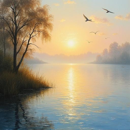 Impressionist painting of a serene lakeside at sunrise with soft golden light reflecting off rippling water and mist. Loose brushstrokes show movement in reeds and distant rowboats. Birds fly in the sky. Warm pastels and cool blues blend naturally creating a dreamlike atmosphere inspired by Monet and Sisley.
