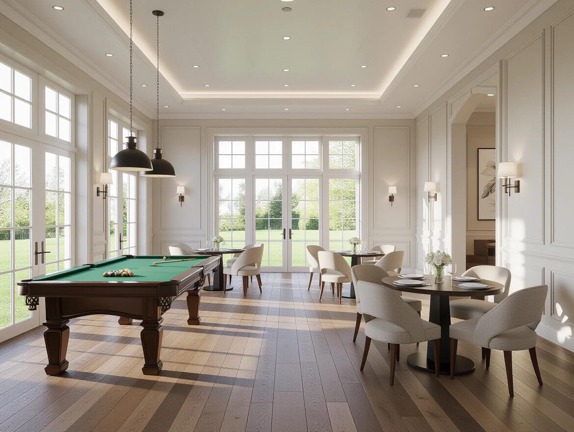 Luxurious gathering hall features a snooker table and elegant round dining tables. Room showcases spacious layout with premium wooden flooring and soft ambient lighting. A large floor-to-ceiling window provides views of lush greenery outside. Clean contemporary design with calm neutral tones. High detail and cinematic composition.