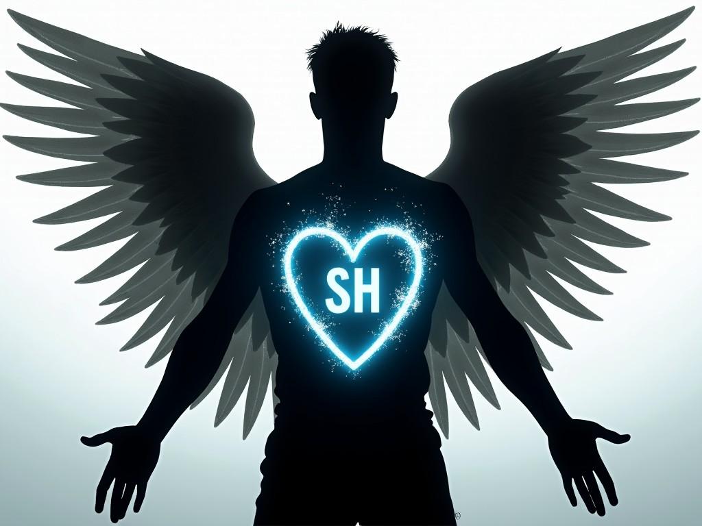 The image depicts a silhouette of a person with large, detailed wings extending behind them. The focal point is a neon, glowing heart on the person's chest, with the letters 'SH' inside. The wings and silhouette create a dramatic contrast against the light background, emphasizing the ethereal theme of the piece.