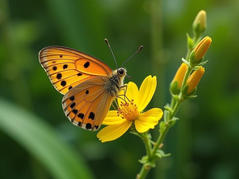 Close-up of a butterfly perched on a yellow flower in a natural setting. The butterfly is colorful with orange wings and black spots. The background is blurred and green, enhancing the focus on the butterfly and flower.