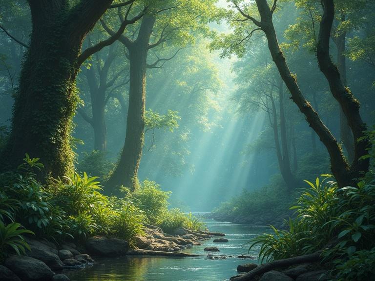 Fantasy tropical forest scene in a mystical style. Bright sunlight shines through a dense canopy of trees. A tranquil stream flows through rocks and lush plants.