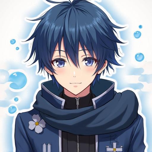Portrait of Rensuke Kunigami from the Blue Lock anime. Blue hair and bright blue eyes with a friendly expression. Wearing a scarf. Background includes clouds.