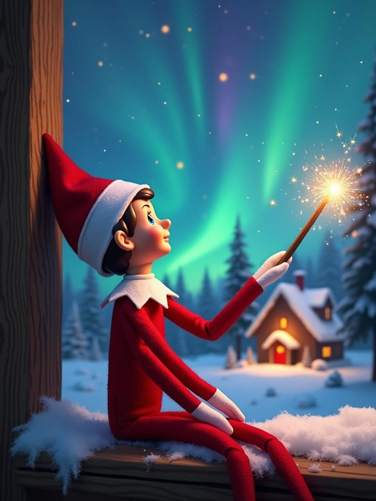 An elf sits with back to viewer. The elf gazes at the northern lights while holding a glowing wand. A cozy house can be seen in the distance. Snow covers the ground. The elf embodies the magic and wonder of Christmas. The names appear in the air from the wand.