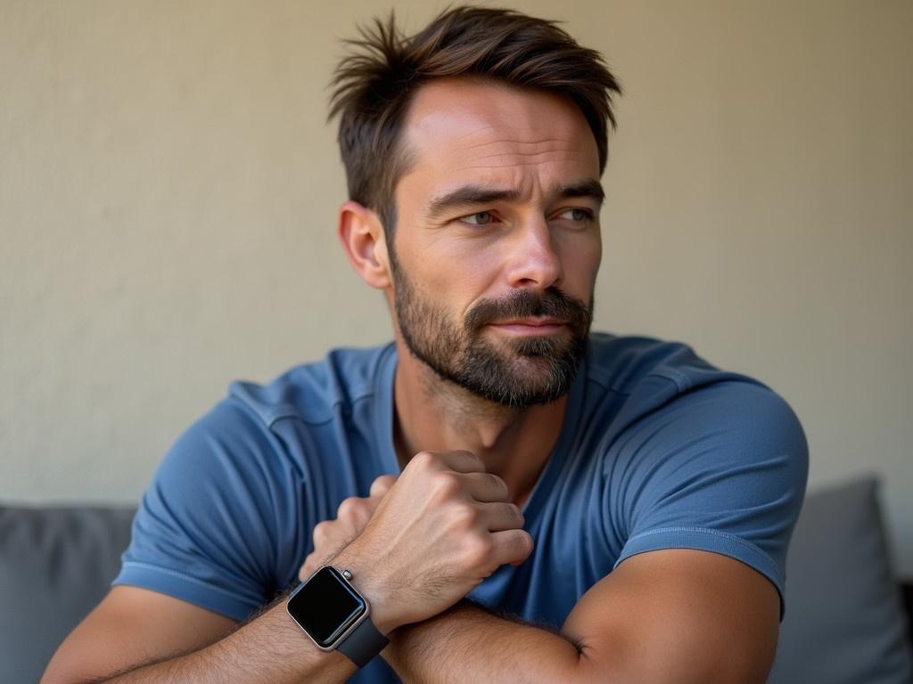 The image shows a man sitting with a neutral expression. He has a tanned arm and is wearing a casual blue t-shirt. On his left wrist, a stylish smartwatch is prominently displayed, showcasing its sleek design with a rectangular face and a shiny metallic edge. In the background, there’s a plain textured wall, which adds depth to the setting. The lighting suggests it is daytime and gives the scene a warm ambiance. His other hand rests comfortably on his fist, suggesting a relaxed pose.