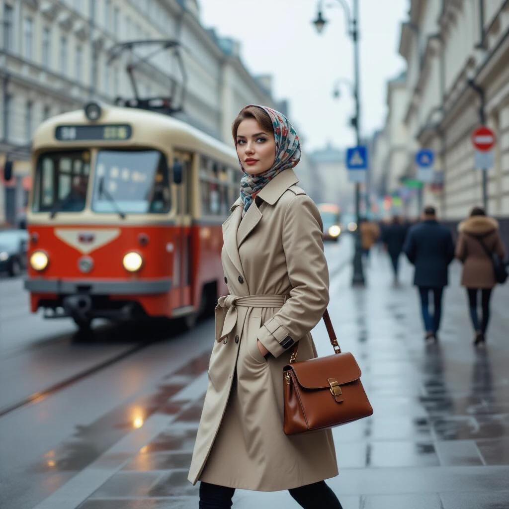 Urban street scene featuring a woman in a beige trench coat and headscarf. She walks on a wet sidewalk, looking towards the camera. Background includes a Czechoslovak Tatra T3 tram in motion. The setting is Moscow in 1975, portraying authentic fashion of that era. Natural daylight enhances the nostalgic mood.