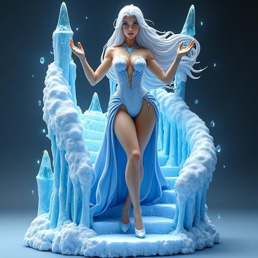 Ultra-detailed resin figurine of an Ice Sorceress on ornate frozen staircase. She has long white hair and icy-blue eyes. She wears a shimmering blue-white dress with plunging neckline and high leg slit. She has high heels and ice crystal jewelry. Both hands raised, summoning shards of ice. Base decorated with icicles and snow textures. Magical lighting highlights her silhouette.